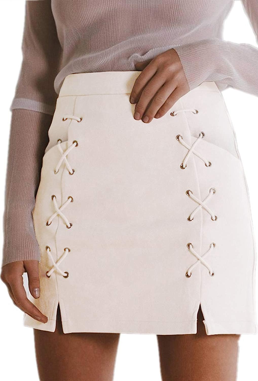 katiewens Women's Classic High Waist Lace Up Bodycon Faux Suede A Line Mini Pencil Skirt - Image 1